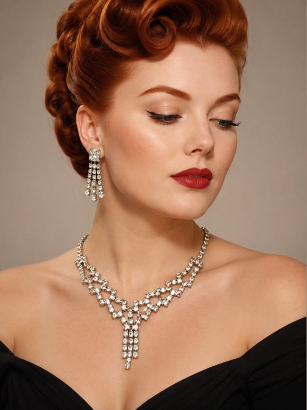 Vintage 1950s Old Hollywood Glam Rhinestone Necklace Earring Set Fringe